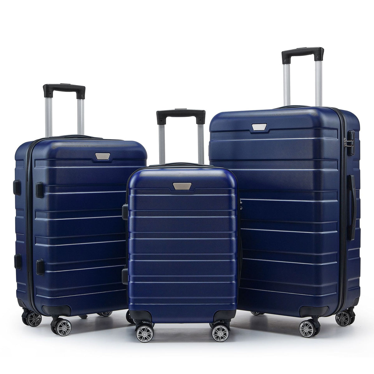 Blue three-piece spinner luggage set