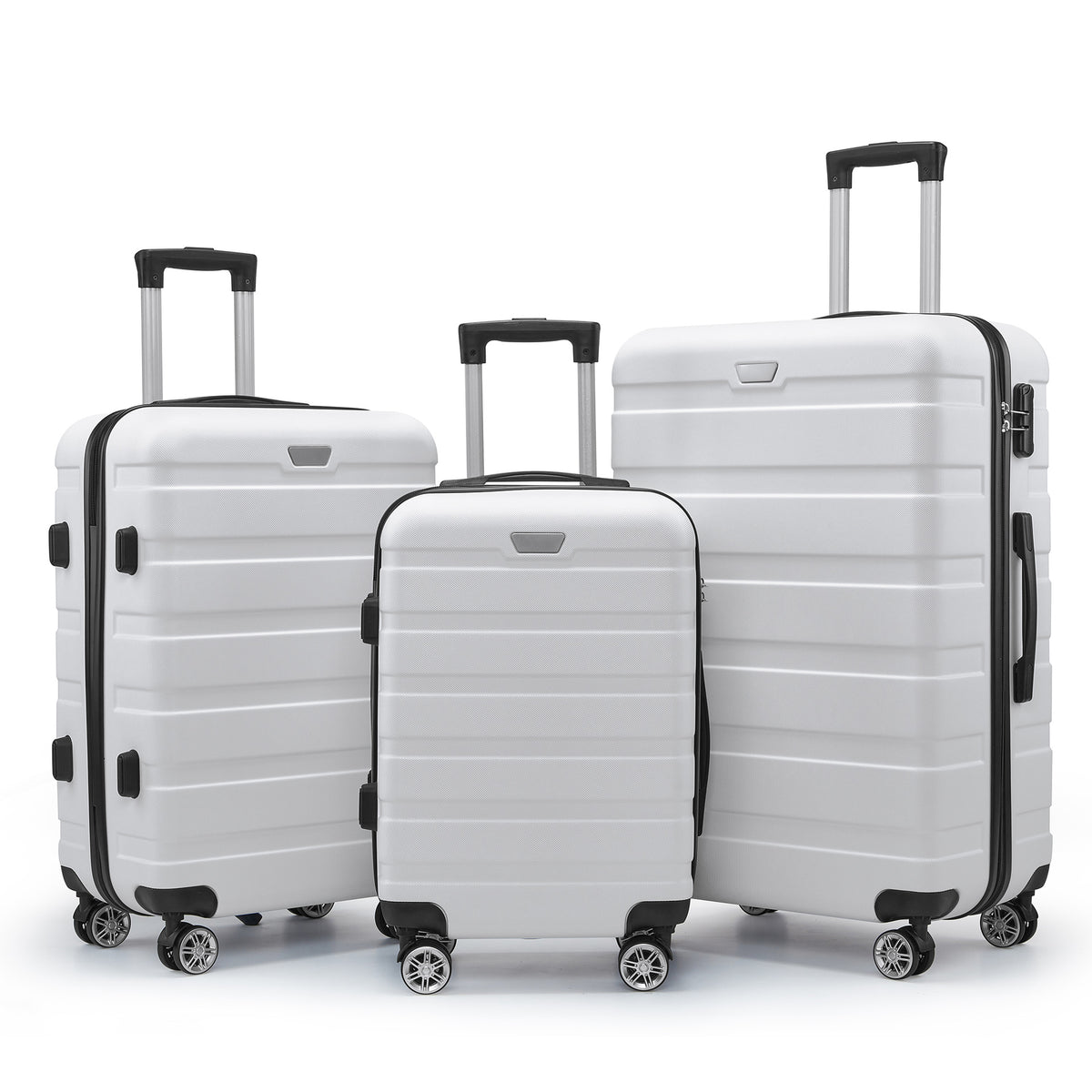 White three-piece spinner luggage set